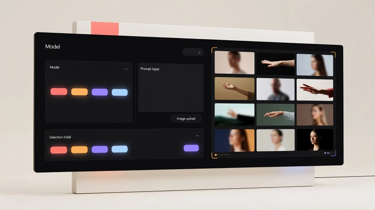 Multi-model AI video generator inside VIBE with a model selector and cinematic output gallery